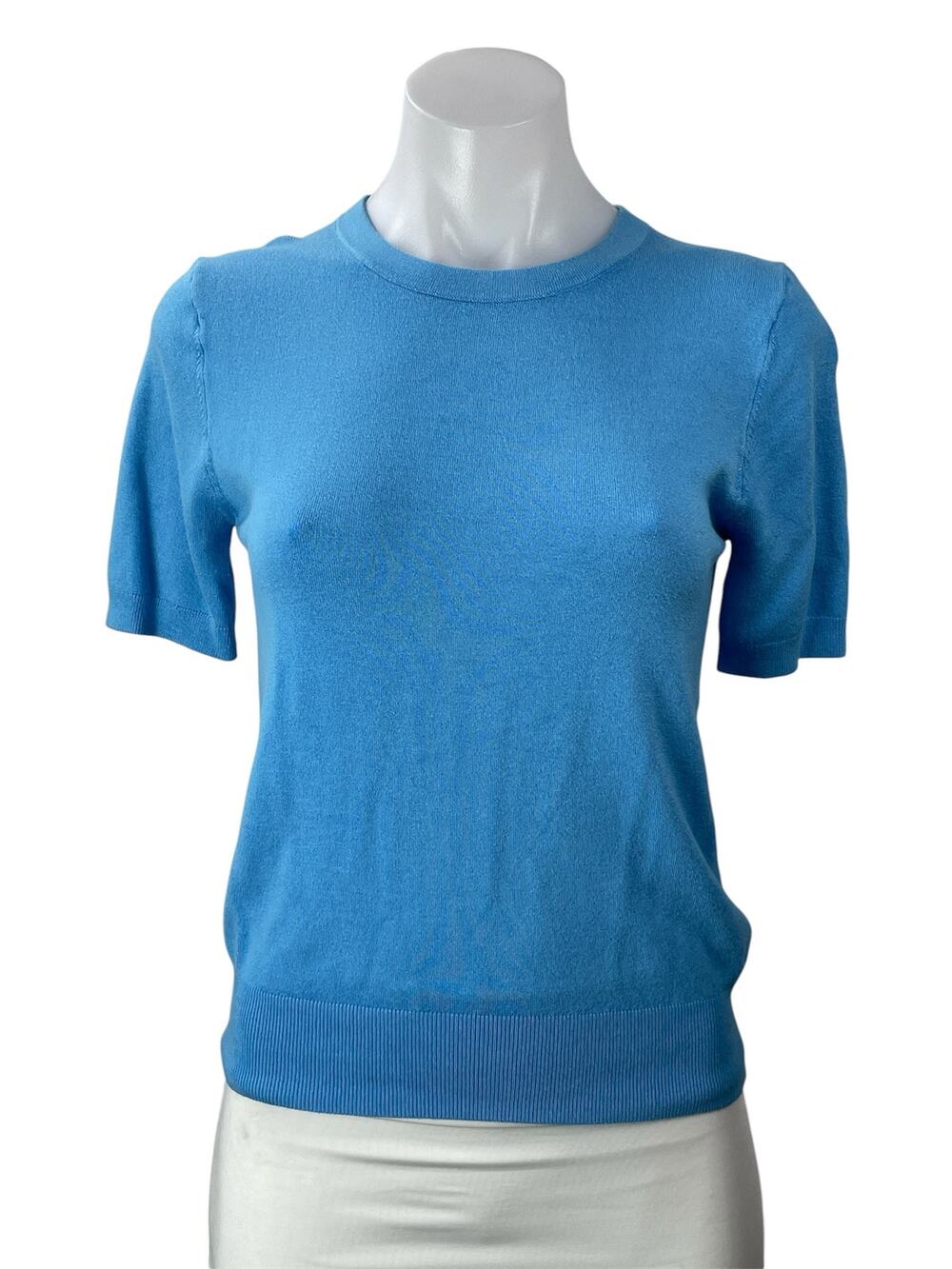 Zara Women Blue Knit Short Sleeve Stretch Crew Neck Pullover Sweater Top Size M